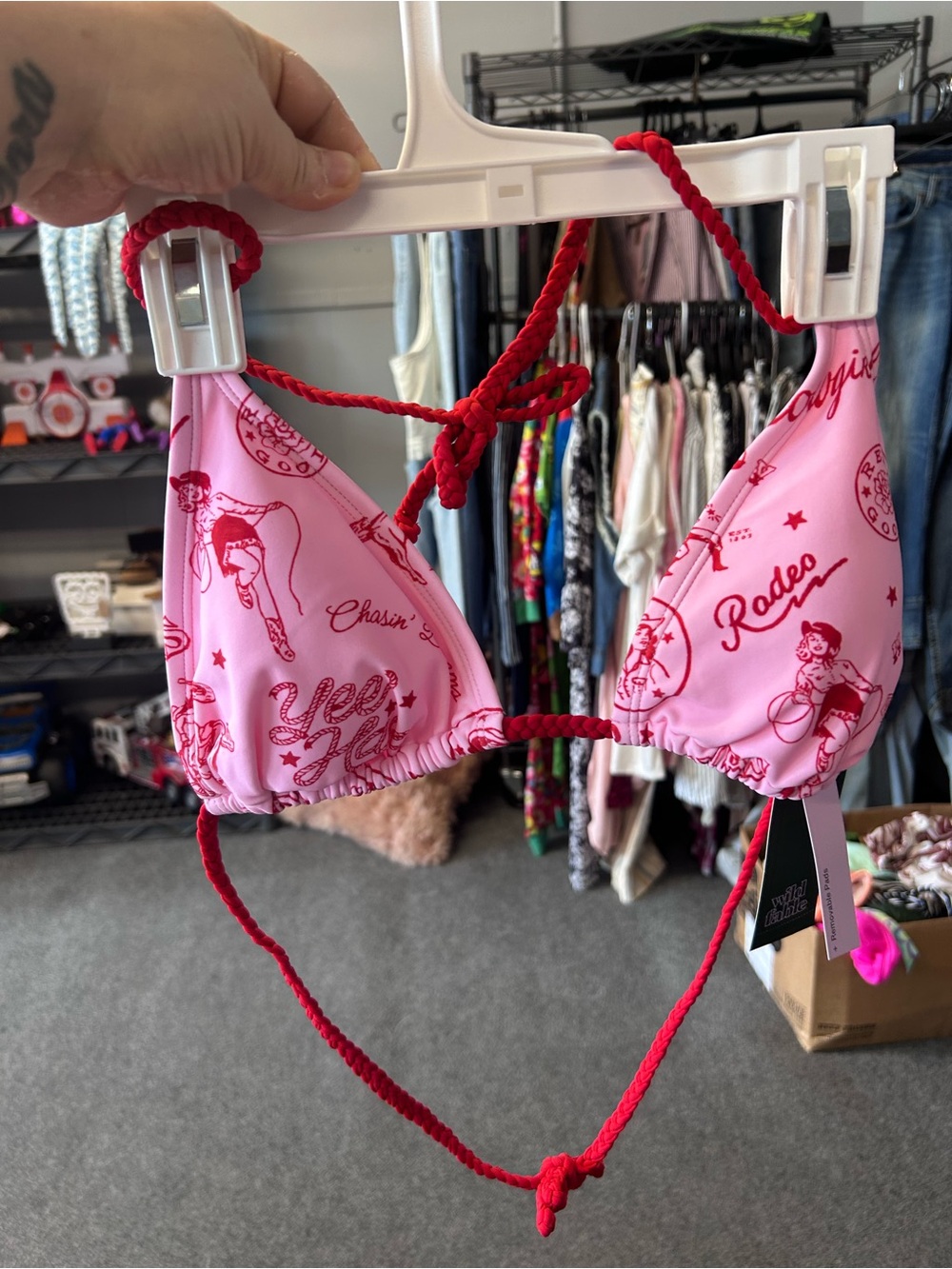 Pink Western Print Triangle Bikini Top with Red Rope Ties